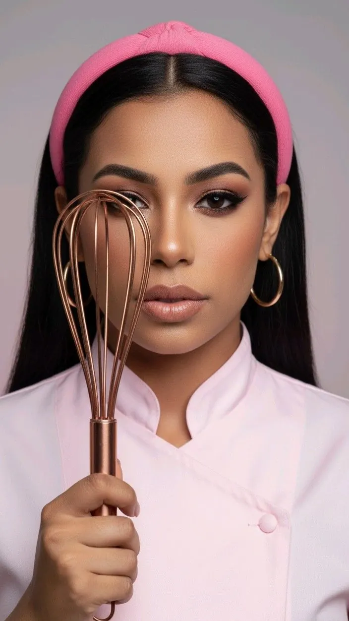 Royal icing expert holding a copper whisk